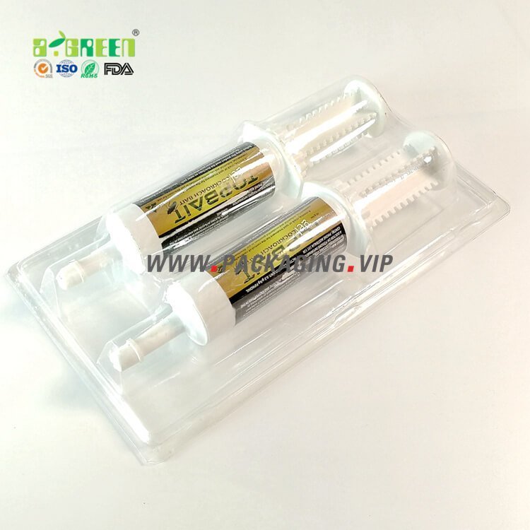 PVC PET clamshell packing with hole to pack two syringes