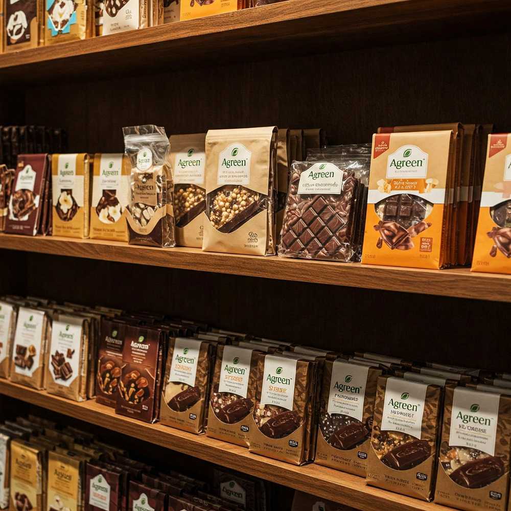 A flow wrap with custom printing is used to package the chocolate block.