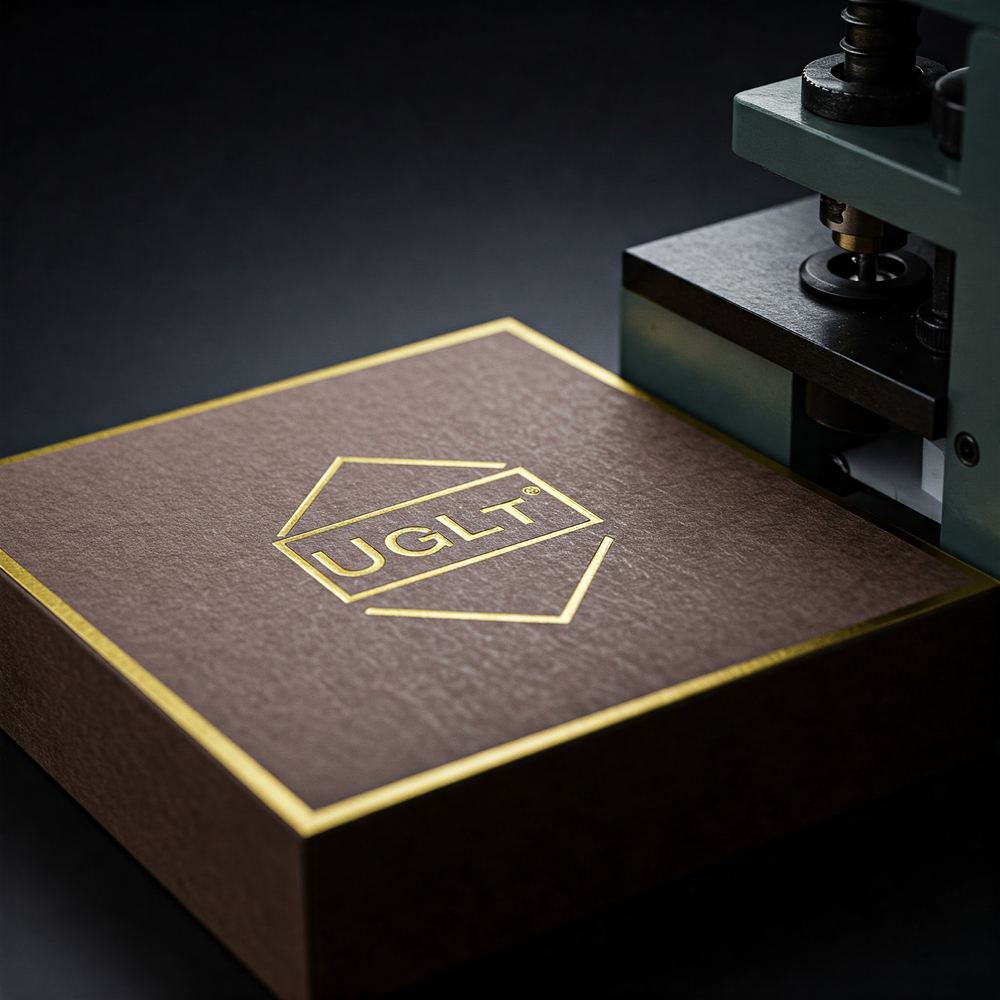 Paper box with gold foil hot stamping logo beside its metal die highlighting the shiny result - One-stop packaging customization manufacturer Paper box with gold foil hot stamping logo beside its metal die, highlighting the shiny result