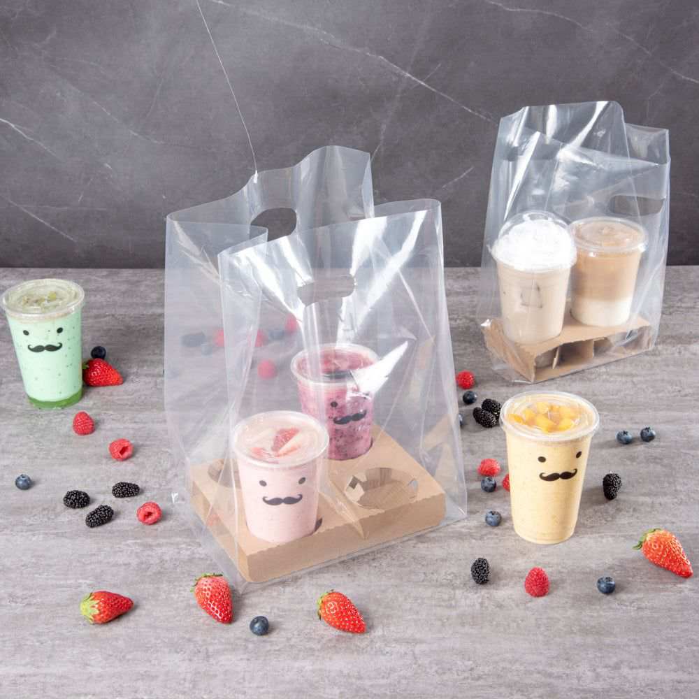 plastic bag with drink carrier for 4 cups